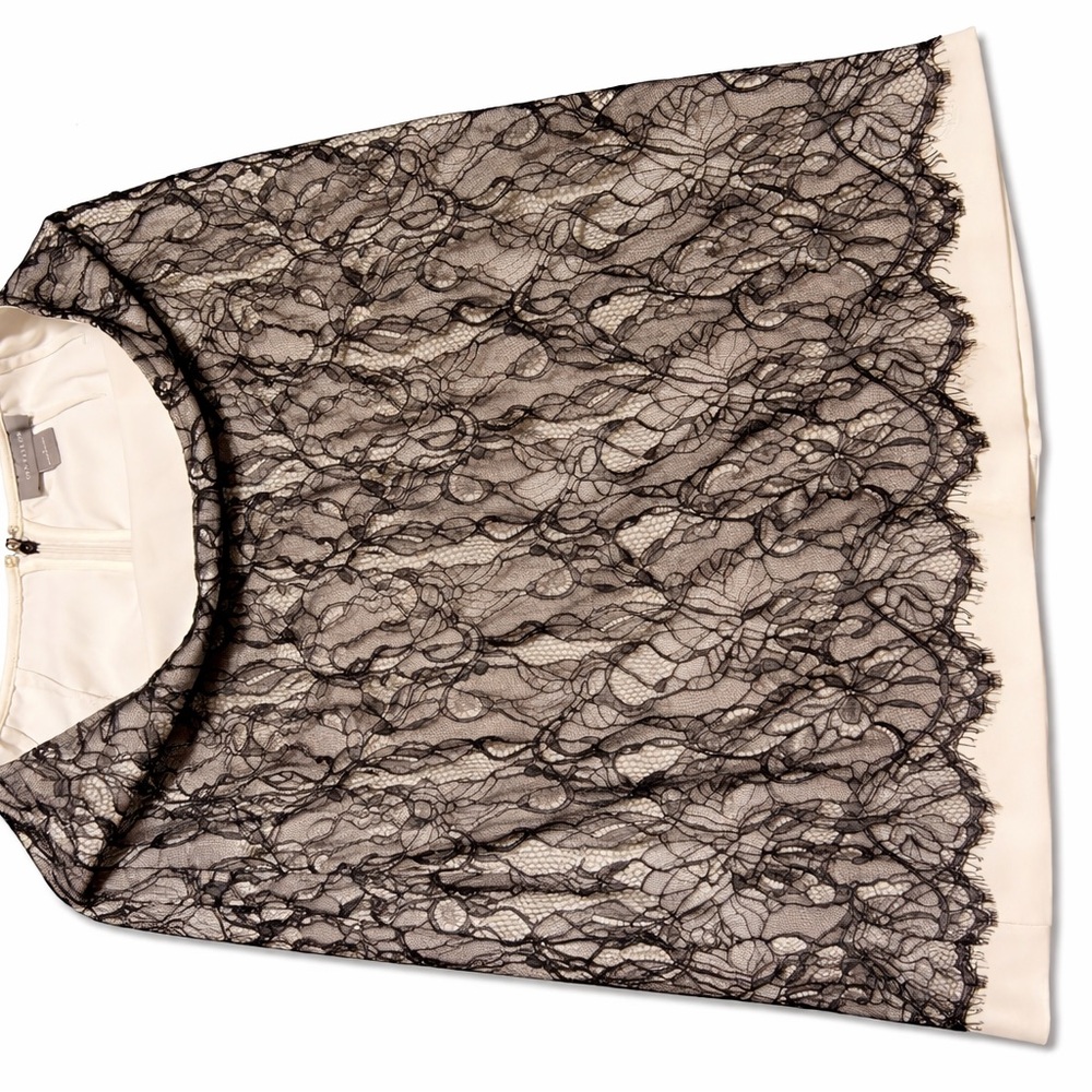 Ann Taylor Cream Midi Skirt with Black Lace Overlay